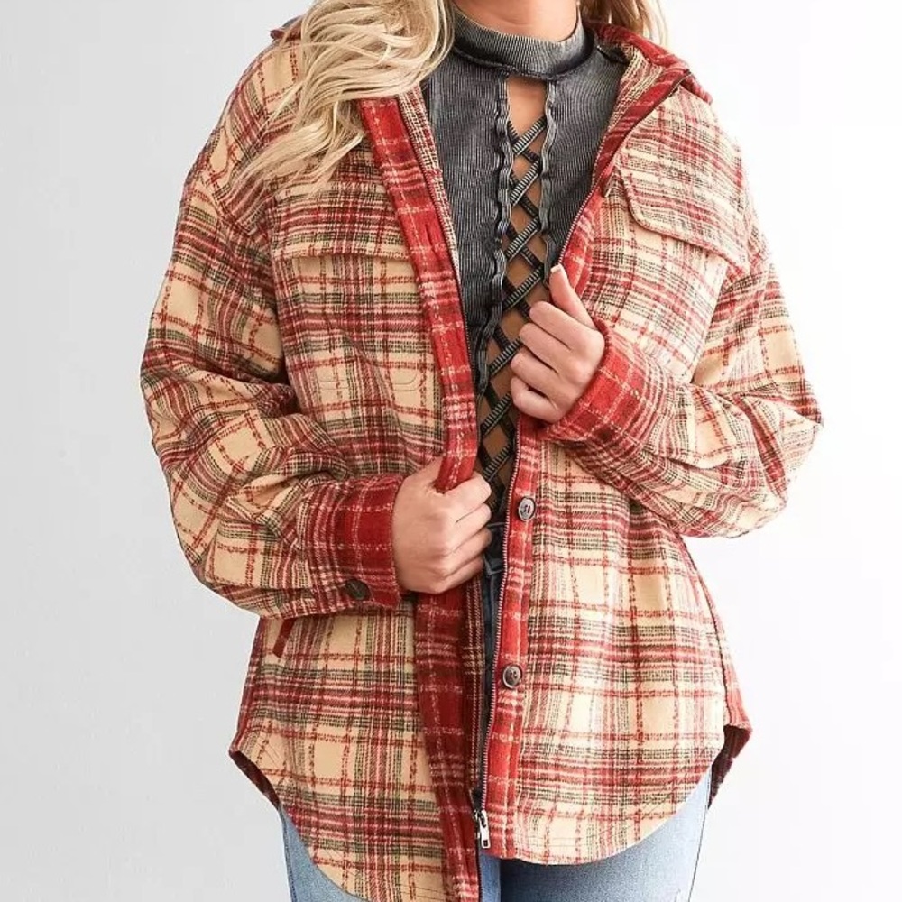 Gilded Intent Red and Cream Plaid Utility Jacket